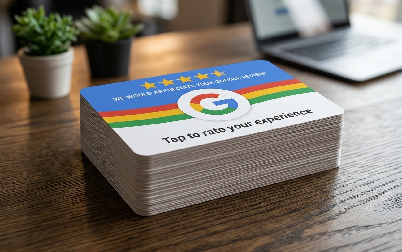A stack of RetentionWell Google review cards on a wooden desk